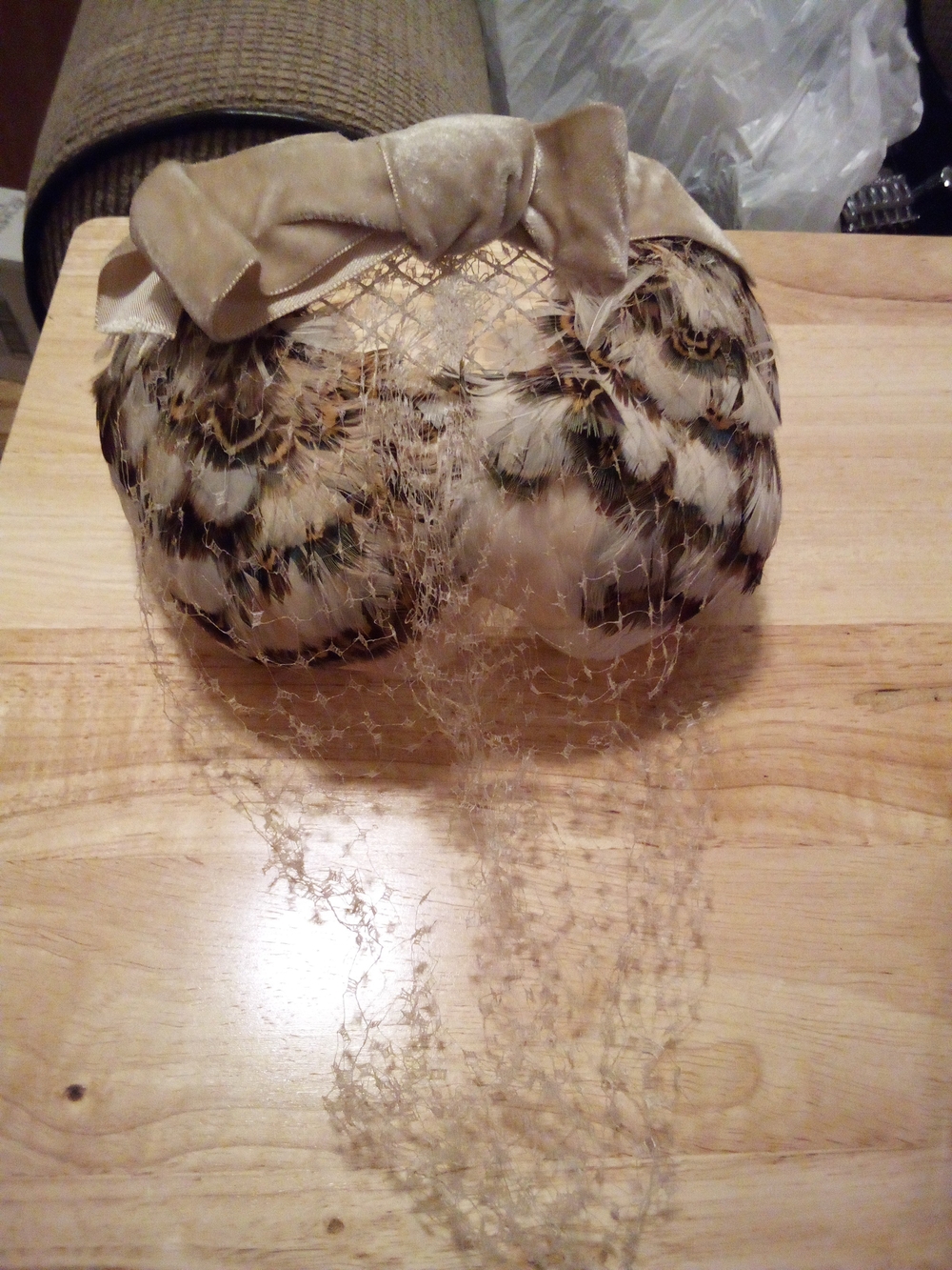 Vintage Beige Pheasant Feather Veil Headpiece with Velvet Bow